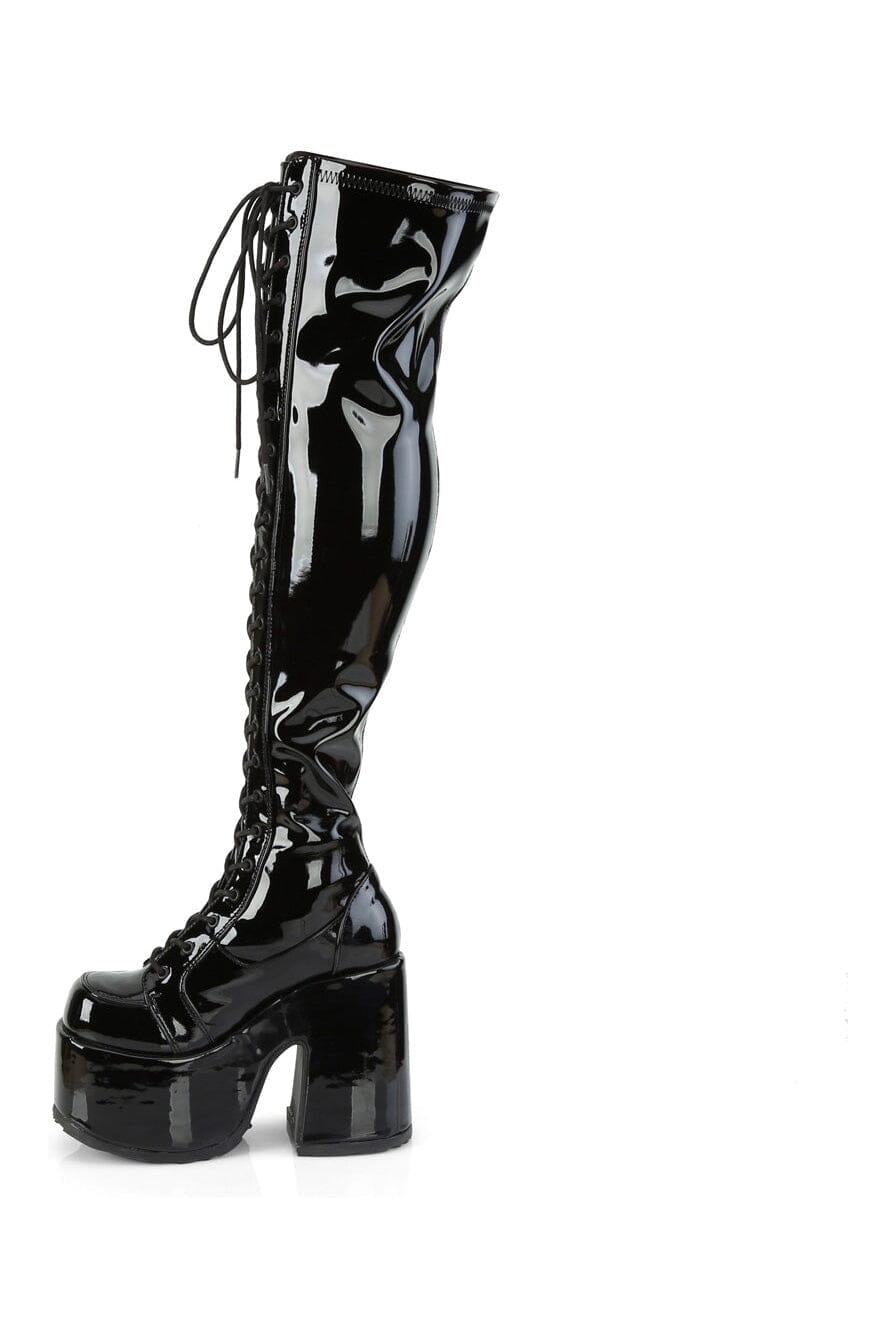 Demonia CAMEL-300 Black Patent Thigh Boot in Black Patent