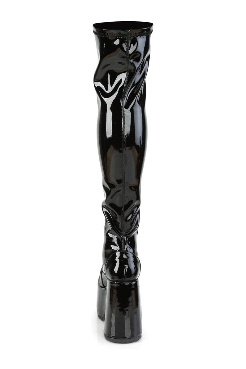 Demonia CAMEL-300 Black Patent Thigh Boot in Black Patent