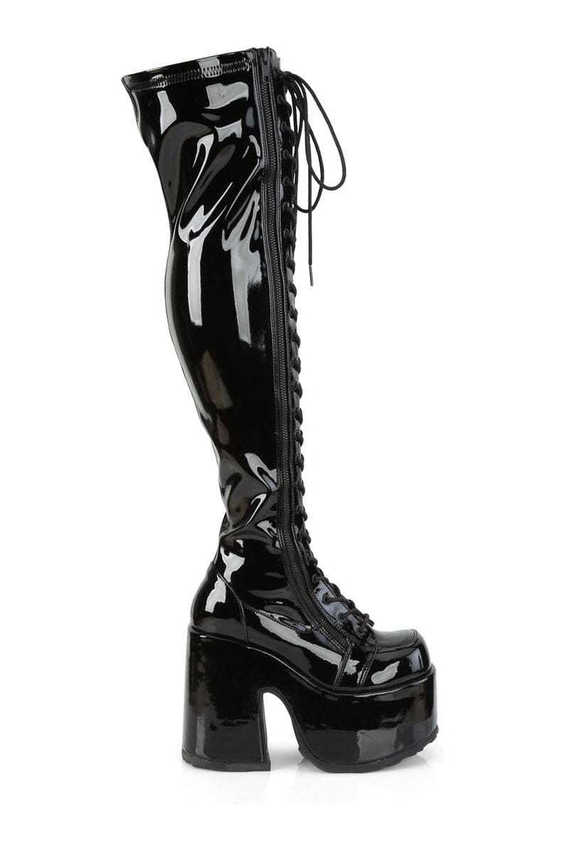 Demonia CAMEL-300 Black Patent Thigh Boot in Black Patent