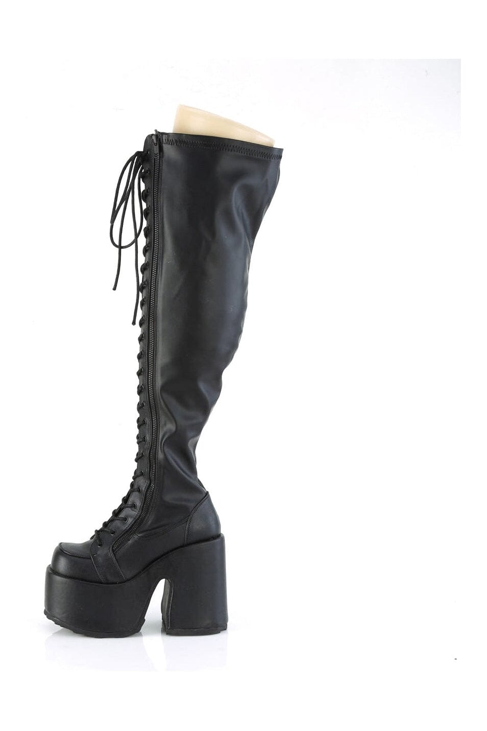 Demonia CAMEL-300WC Black Vegan Leather Thigh Boot in Black Vegan Leather