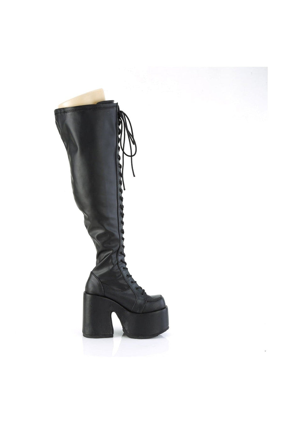 Demonia CAMEL-300WC Black Vegan Leather Thigh Boot in Black Vegan Leather