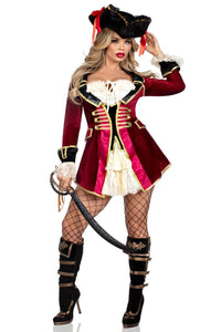 Leg Avenue Captivating Pirate Captain Velvet Coat Dress, Tie Front Bodice in Multi  from SexyShoes.com