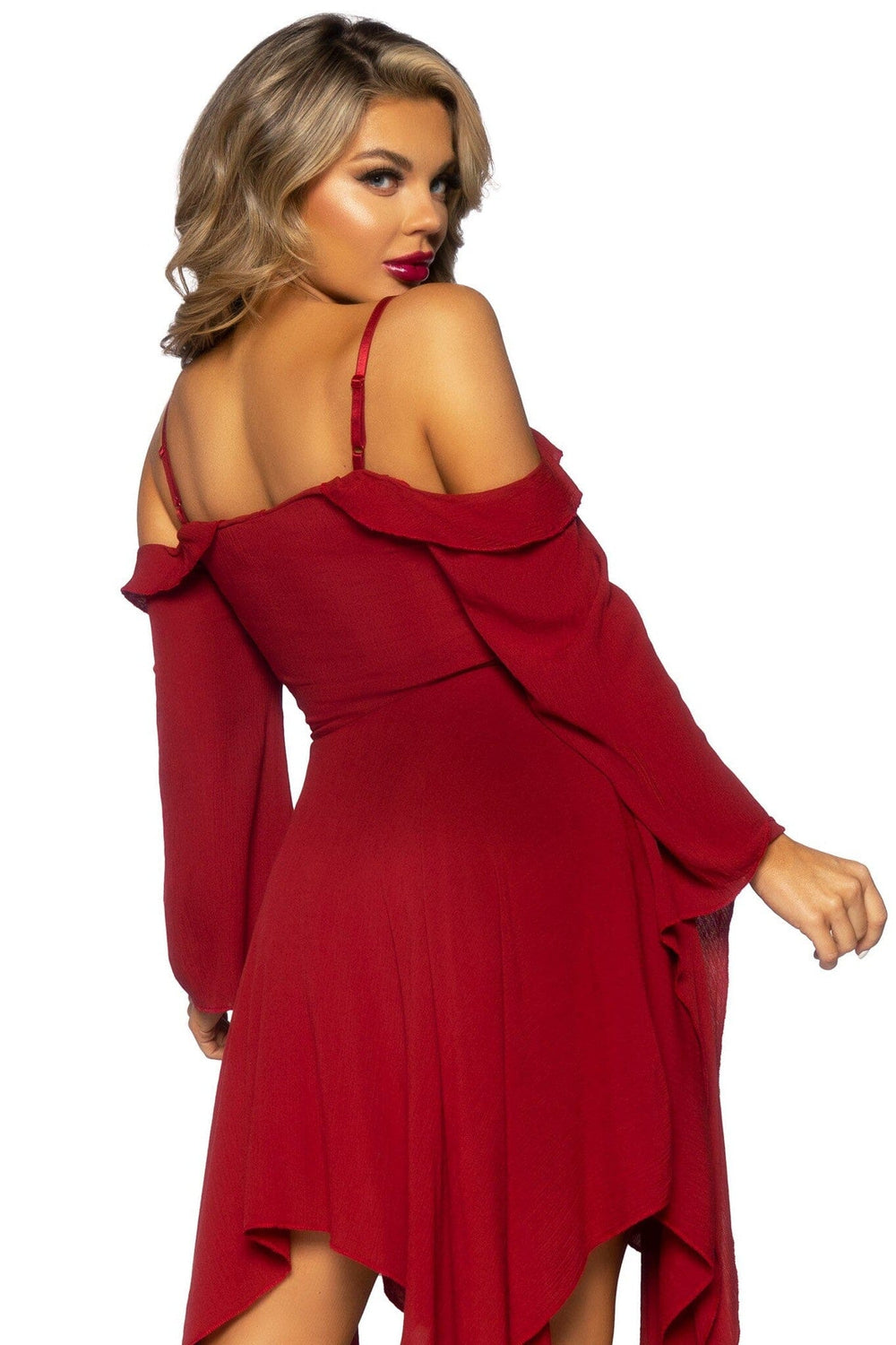 Leg Avenue Cotton Gauze Bell Sleeved Peasant Dress in Burgundy 