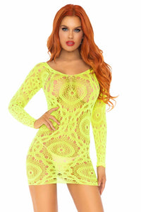 Crochet Lace Long Sleeved Mini Dress-Stripper Dresses-SEXYSHOES.COM