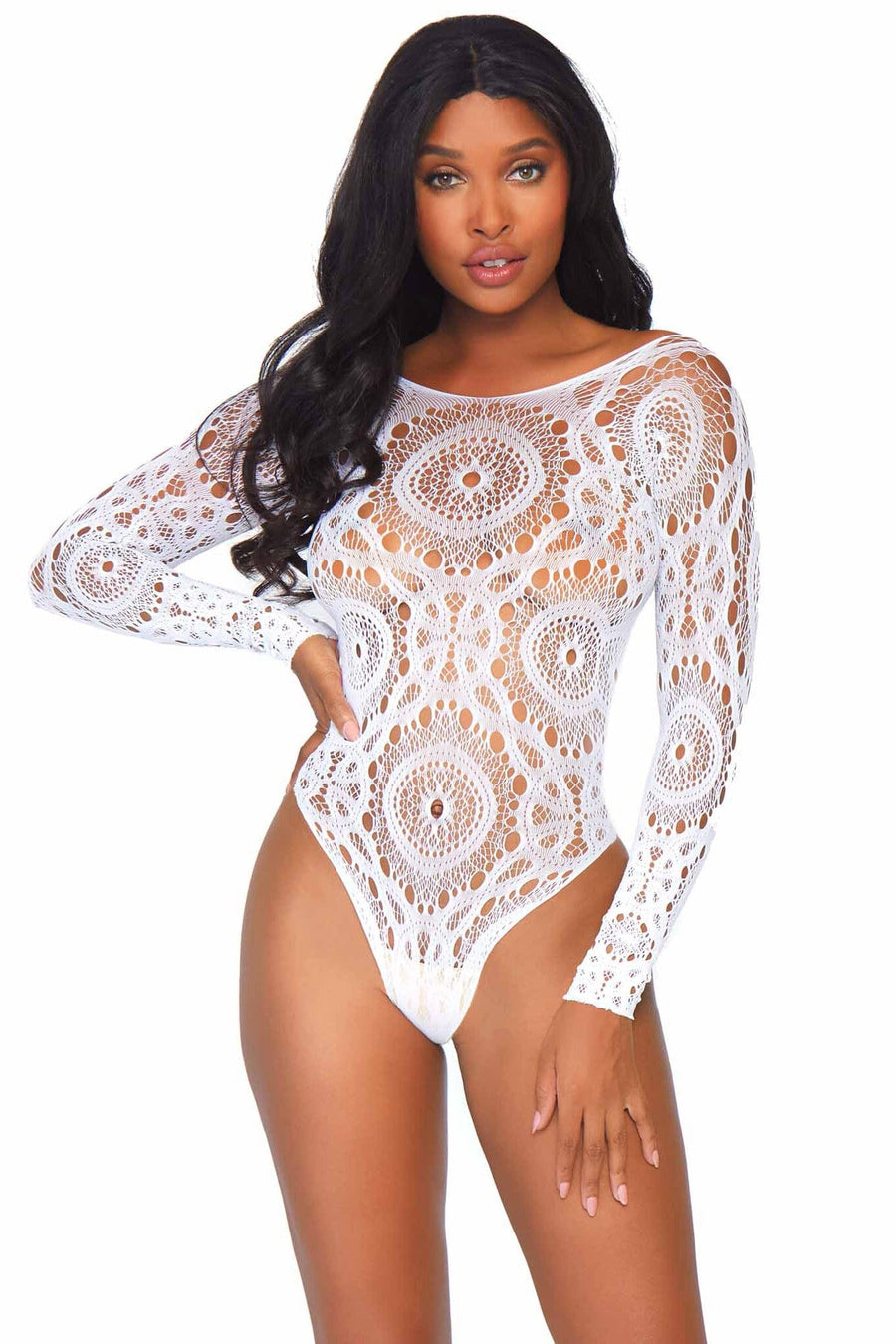 Crochet Lace Long Sleeved Snap Crotch Thong Back Teddy-Teddies-SEXYSHOES.COM