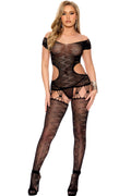 Crochet Net Suspender Bodystocking with Off-the-Shoulder Sleeves