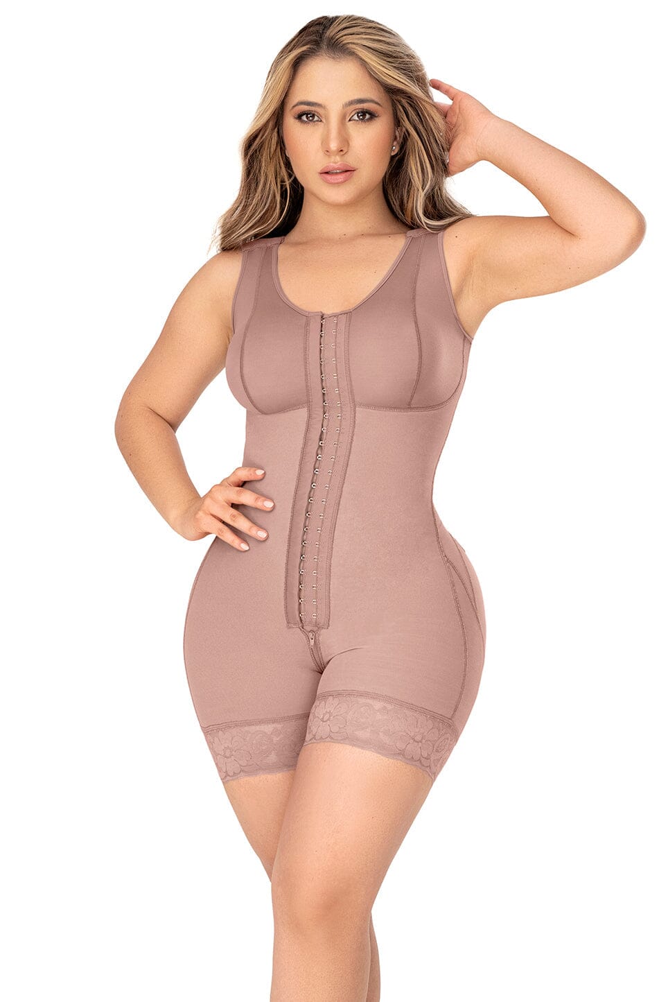 Cross Back Support Mid Length Shapewear with Bra-Bodysuits-SEXYSHOES.COM