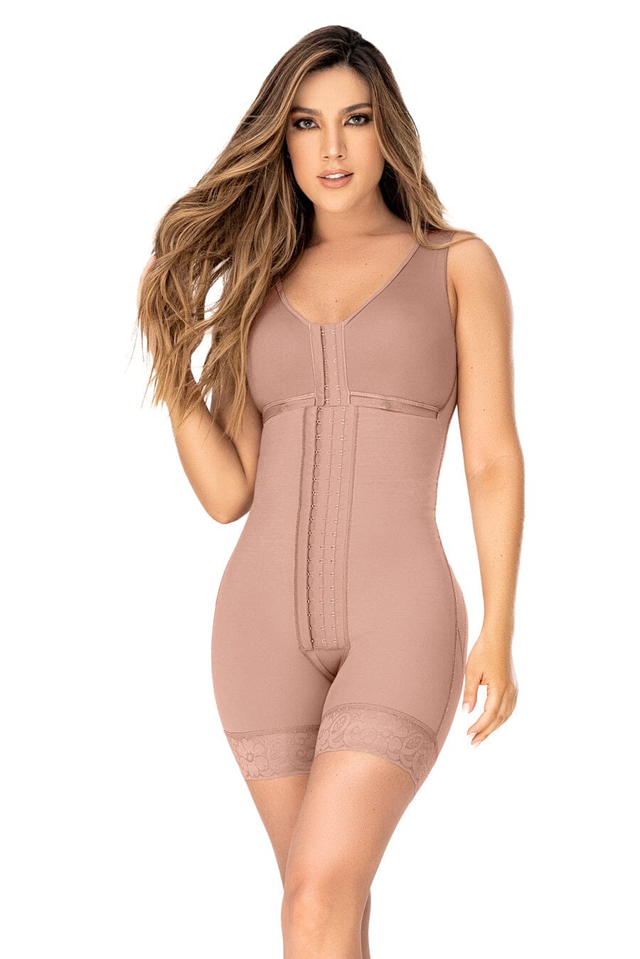 Cross Back Support Mid Length Shapewear with Snap Button Bra