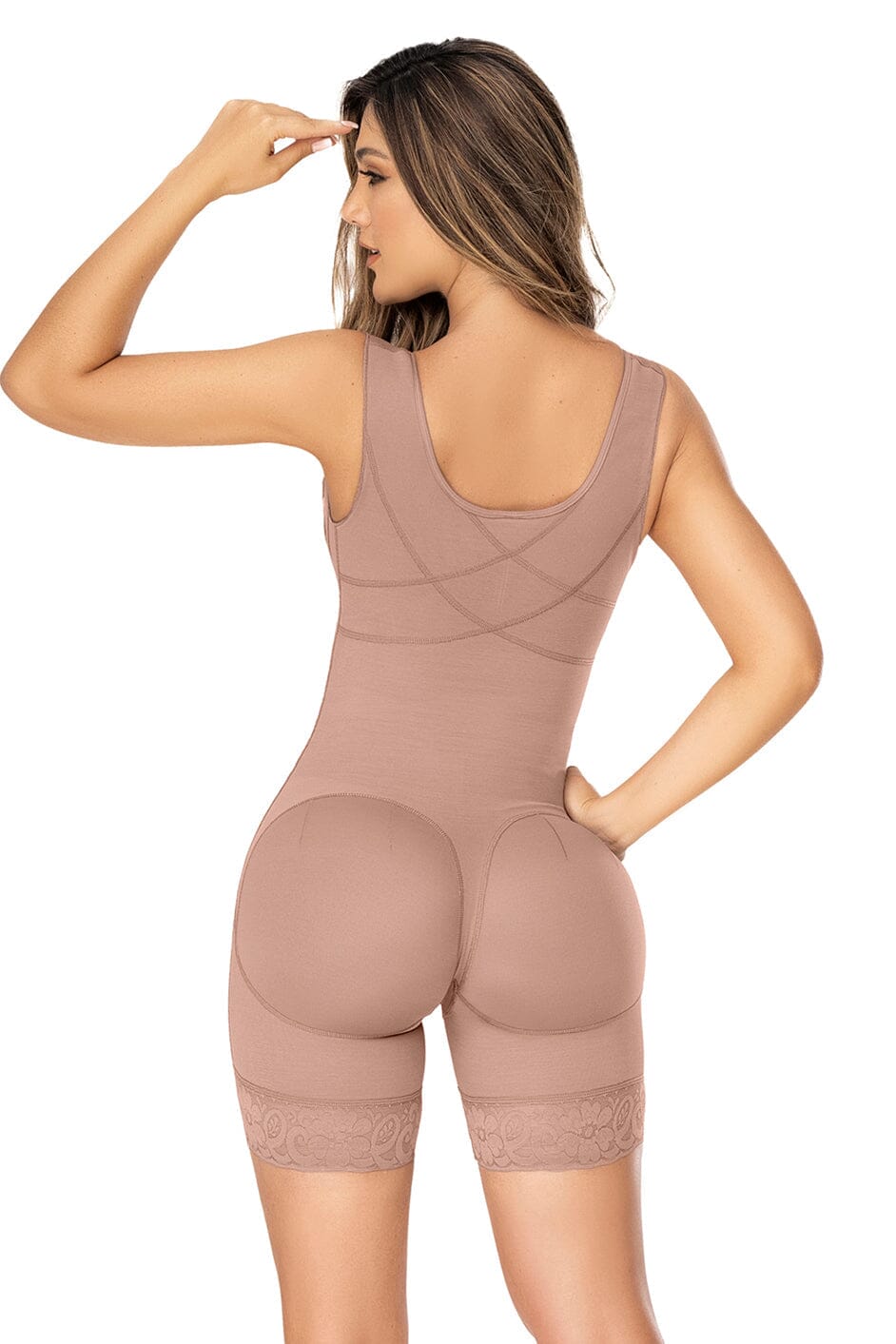 Cross Back Support Mid Length Shapewear with Snap Button Bra-Bodysuits-SEXYSHOES.COM