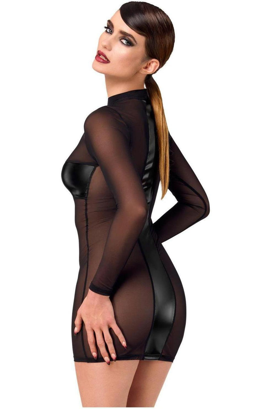 Noir Handmade Crossfire Mesh & Wetlook Mini dress in Black 