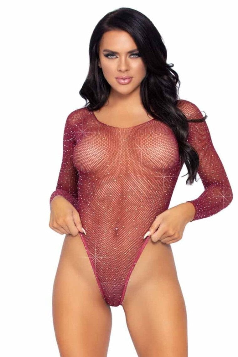 Crystalized Long Sleeved Fishnet Thong Back Bodysuit With Snap Crotch-Bodysuits-SEXYSHOES.COM