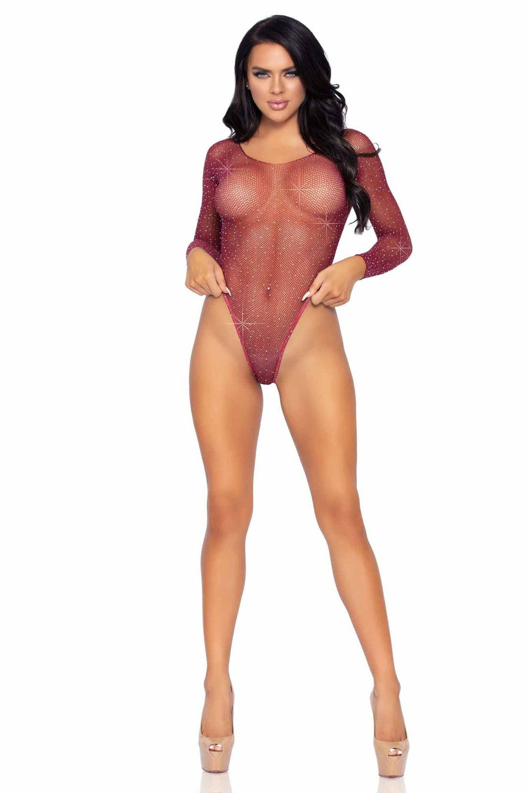 Crystalized Long Sleeved Fishnet Thong Back Bodysuit With Snap Crotch-Bodysuits-SEXYSHOES.COM