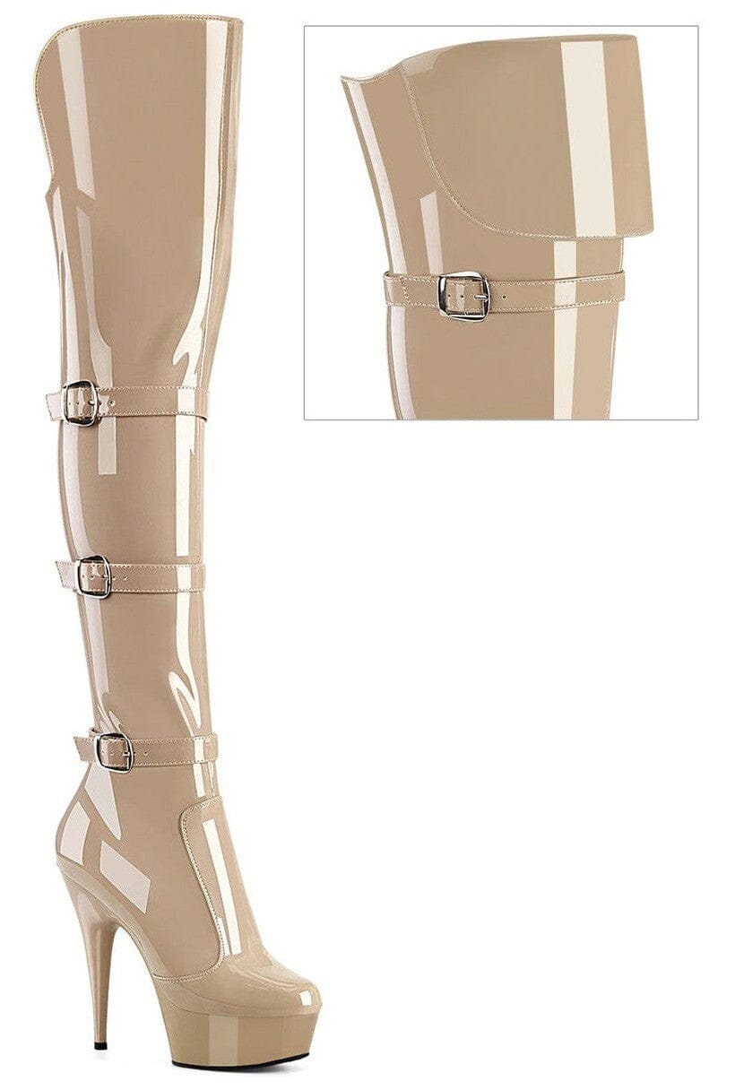 Pleaser DELIGHT-3018 Nude Patent Knee Boot in Nude Patent from SexyShoes.com