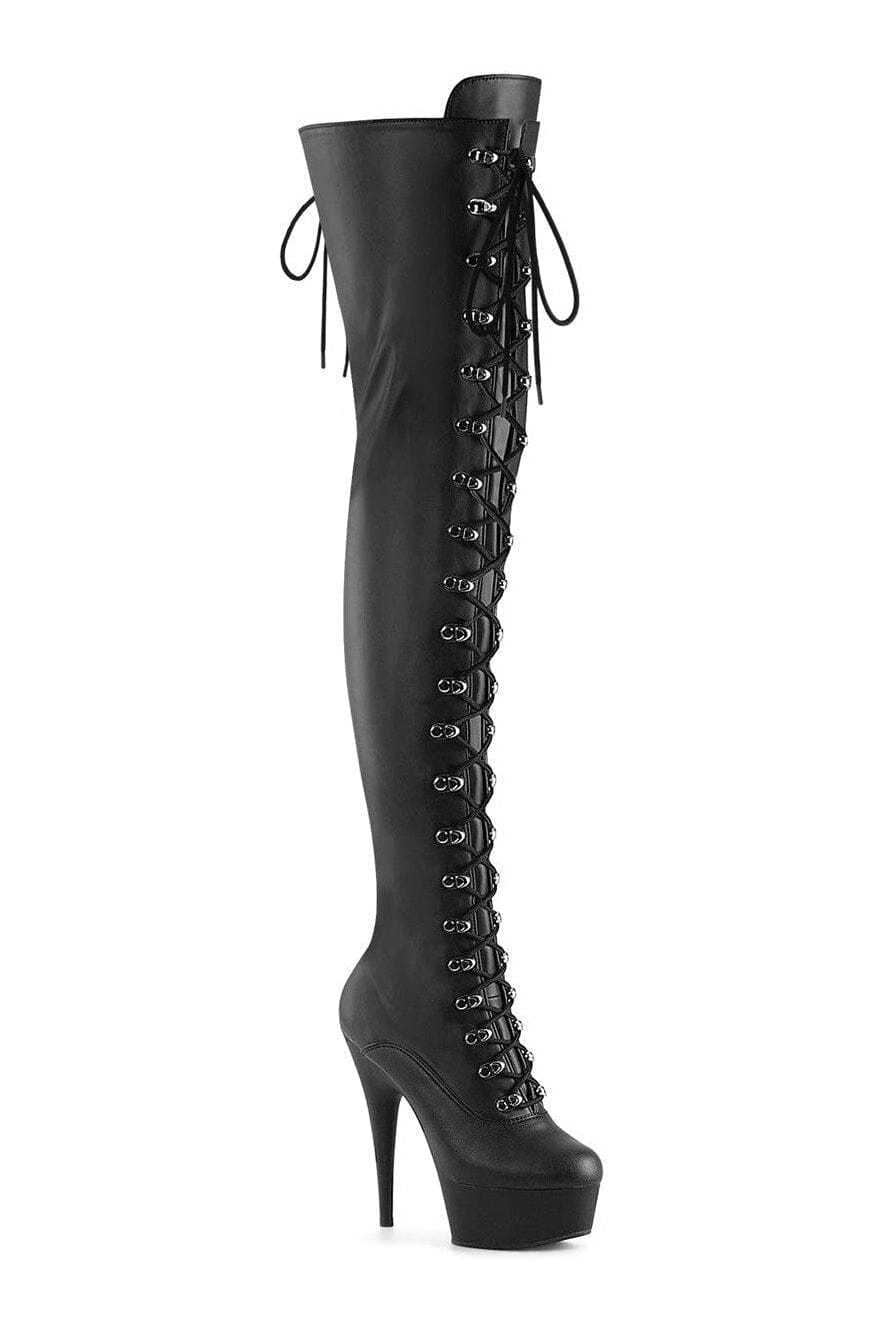Pleaser DELIGHT-3022 Black Faux Leather Thigh Boot in Black Faux Leather from SexyShoes.com