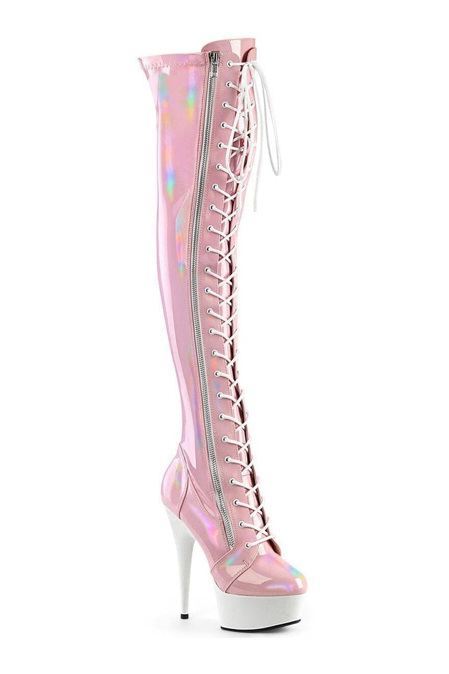 Pleaser DELIGHT-3029 Pink Patent Thigh Boot in Pink Patent from SexyShoes.com