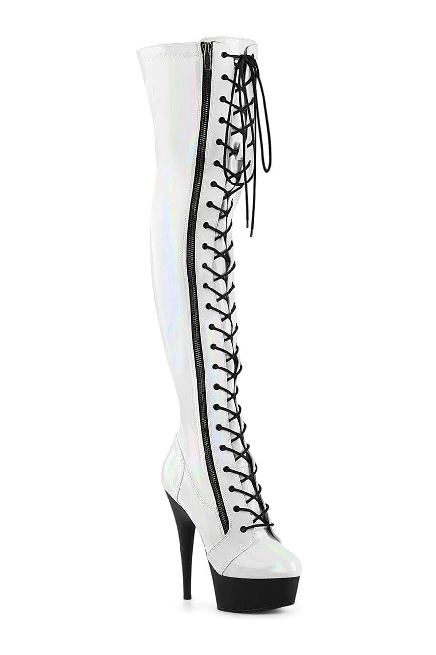 Pleaser DELIGHT-3029 White Patent Thigh Boot in White Patent from SexyShoes.com