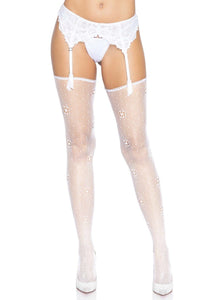 Leg Avenue Daisy Dot Fishnet Stockings With Scalloped Top in White  from SexyShoes.com