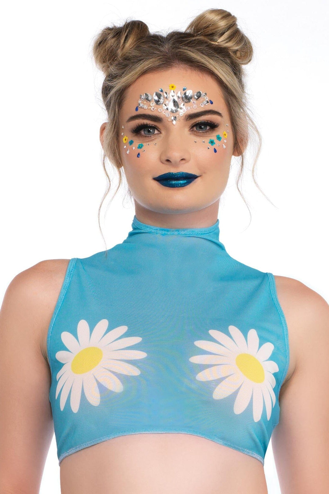 Leg Avenue Daisy High Neck Mesh Crop Top With Zipper Back in Blue  from SexyShoes.com