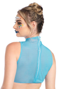 Leg Avenue Daisy High Neck Mesh Crop Top With Zipper Back in Blue 