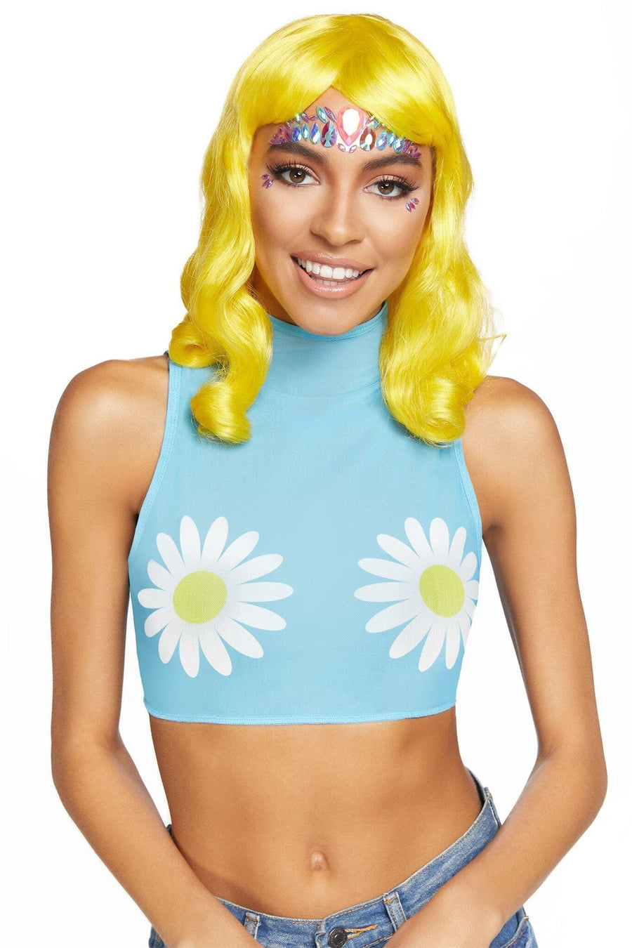Leg Avenue Daisy High Neck Mesh Crop Top With Zipper Back in Blue 