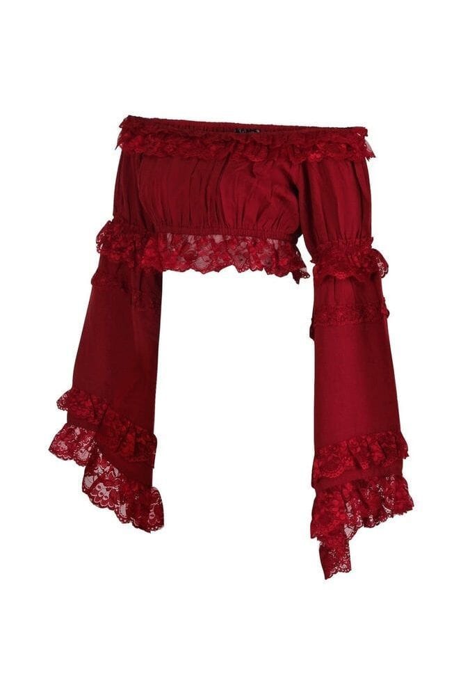 Dark Red Smocked Flare Sleeve Peasant Top
