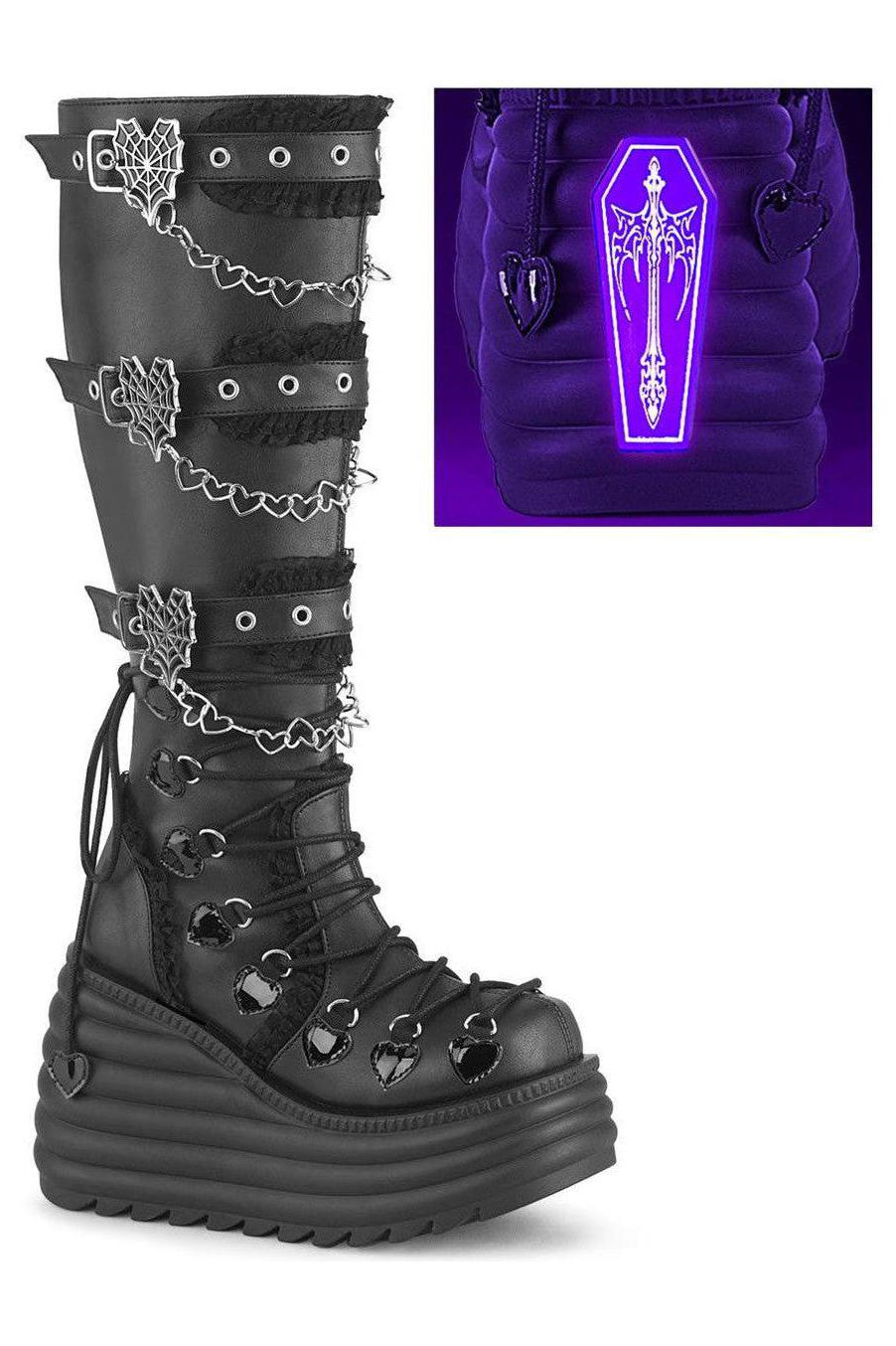 Demonia  MORTE-215 Knee Boot in Black Faux Leather from SexyShoes.com