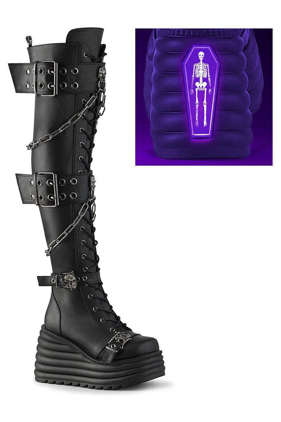Demonia  MORTE-312 Thigh Boot in Black Faux Leather from SexyShoes.com