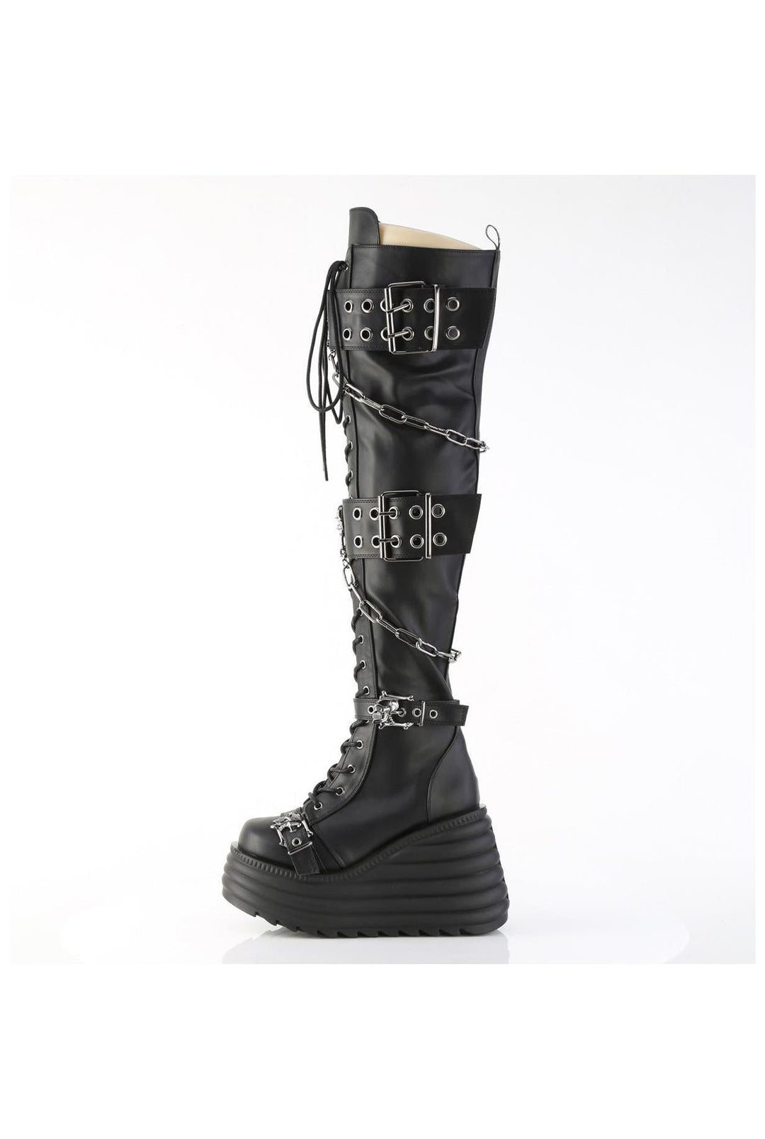 Demonia  MORTE-312 Thigh Boot in Black Faux Leather