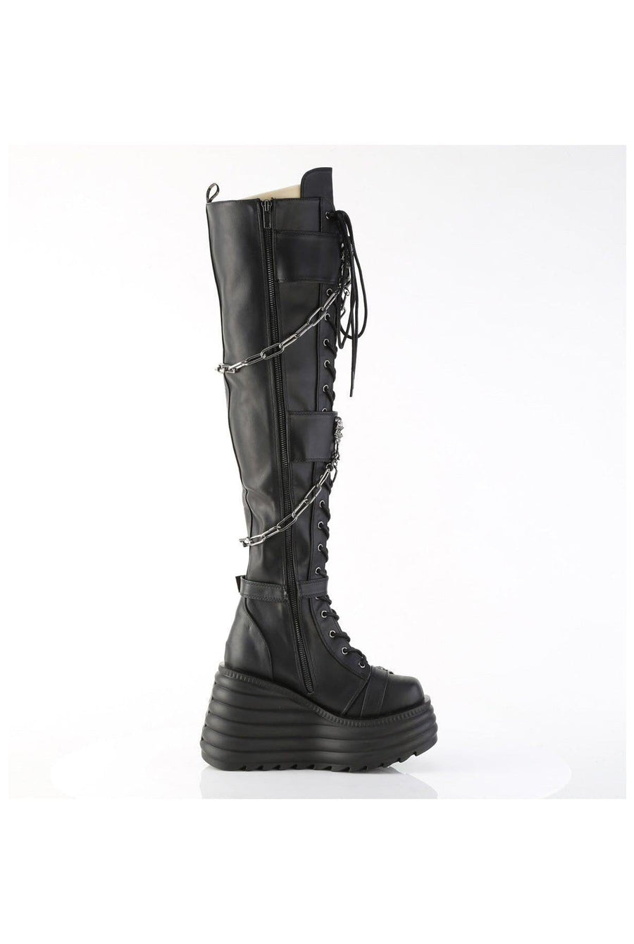 Demonia  MORTE-312 Thigh Boot in Black Faux Leather