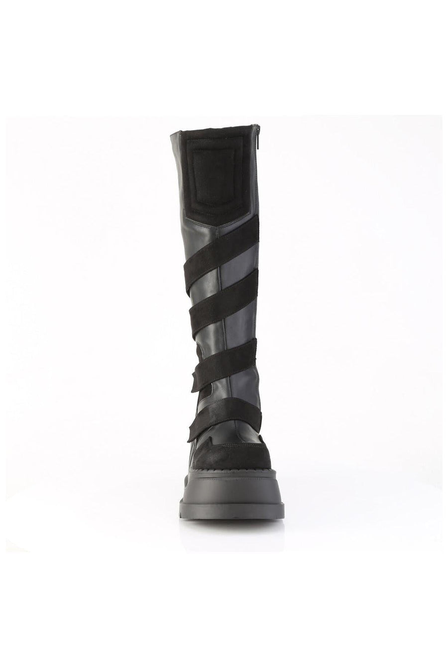 Demonia  STOMP-228 Knee Boot in Black Faux Leather