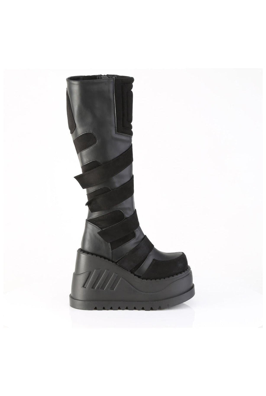 Demonia  STOMP-228 Knee Boot in Black Faux Leather