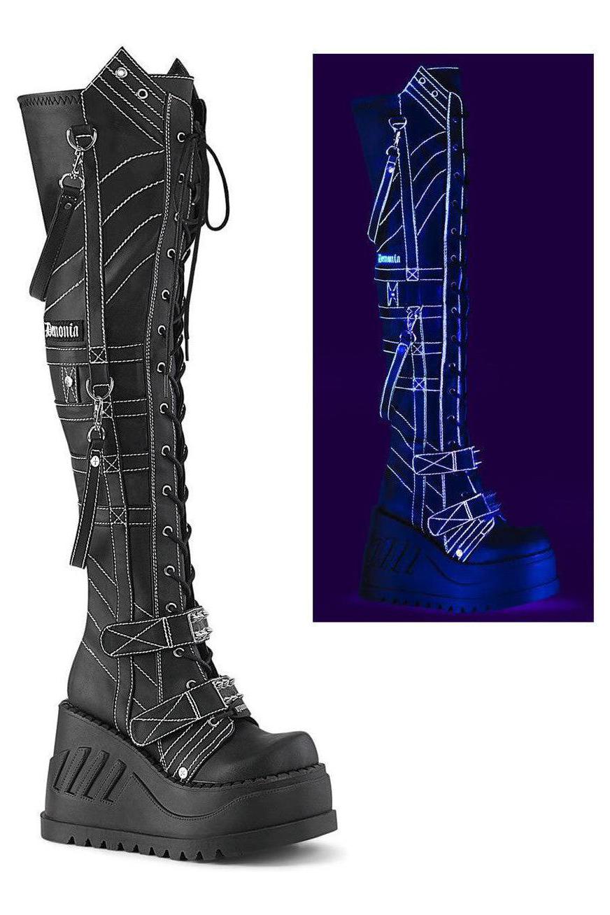 Demonia  STOMP-310 Thigh Boot in Black Faux Leather from SexyShoes.com