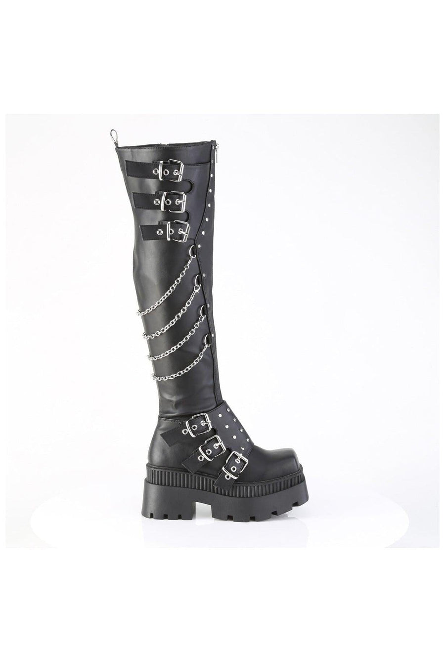 Demonia  WRATH-310 Thigh Boot in Black Faux Leather
