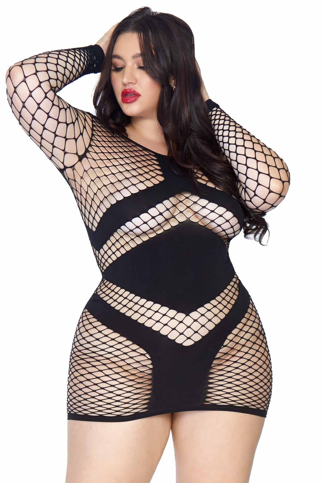 Diamond Net Long Sleeved Mini Dress, Opaque Accents-Stripper Dresses-SEXYSHOES.COM