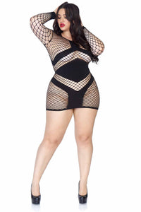 Diamond Net Long Sleeved Mini Dress, Opaque Accents-Stripper Dresses-SEXYSHOES.COM