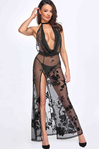 Noir Handmade Divinity Long Flocked Mesh Dress With Open Back in Black  from SexyShoes.com