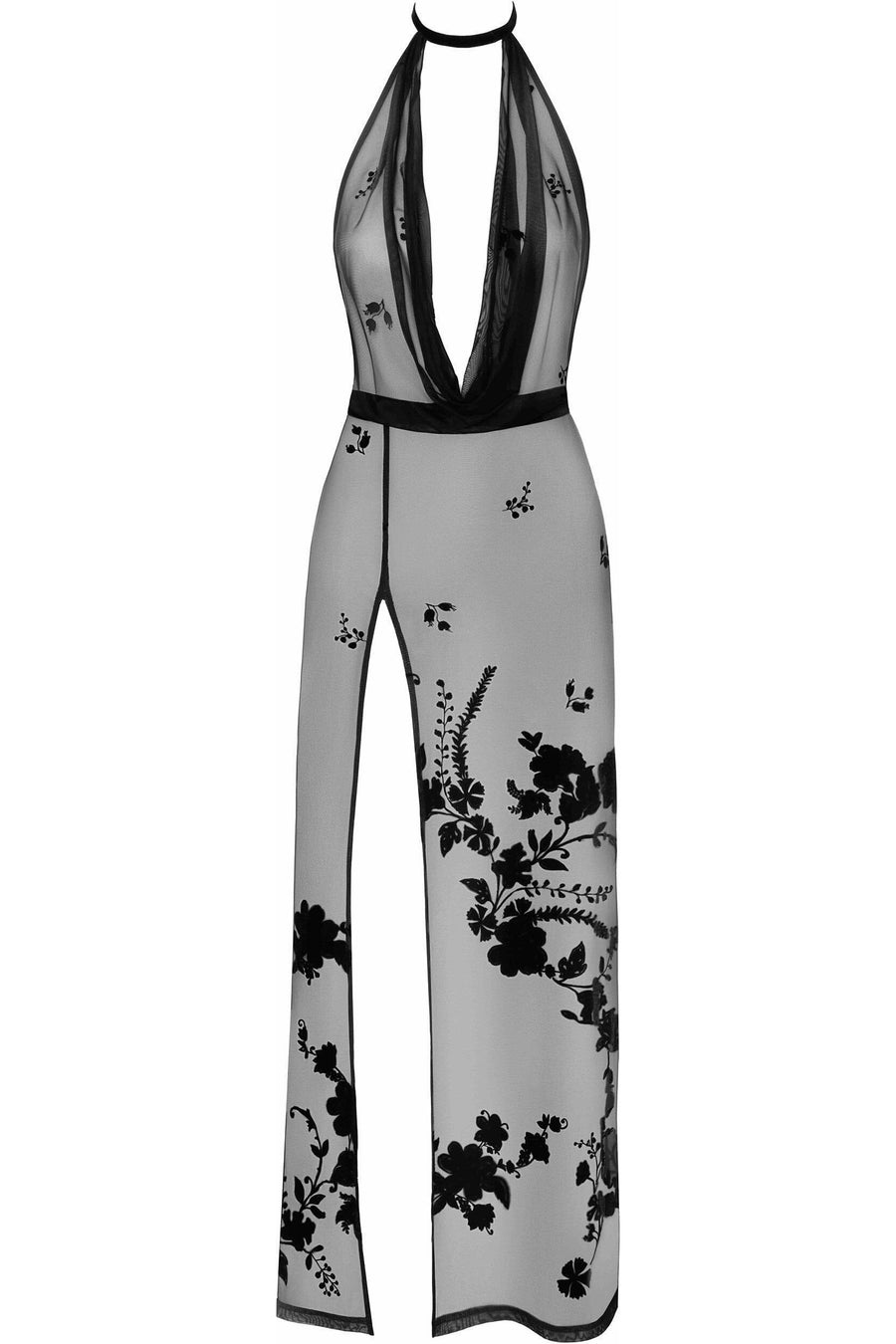 Noir Handmade Divinity Long Flocked Mesh Dress With Open Back in Black 