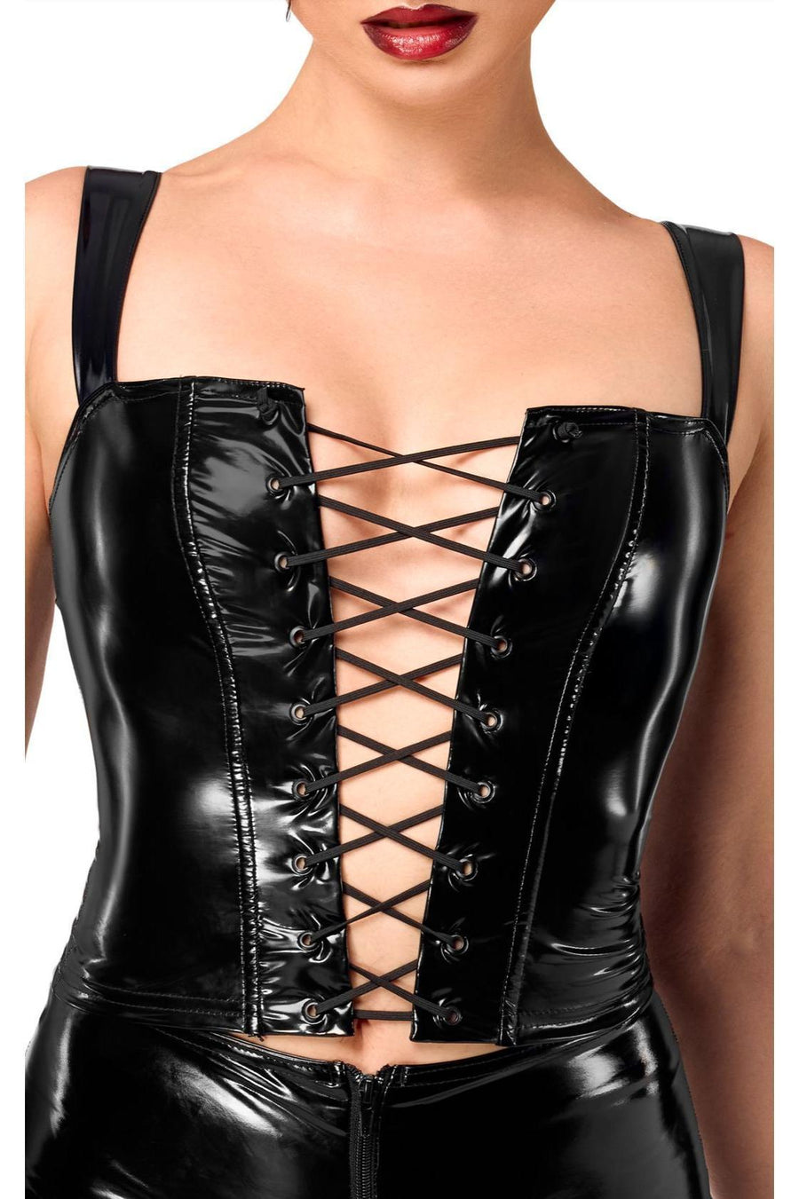 Noir Handmade Dominae Frontbind PVC corset top in Black 