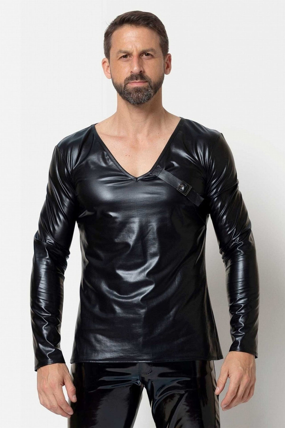 L'HOMME ENRICK Long Sleeved Wetlook Shirt in Black  from SexyShoes.com