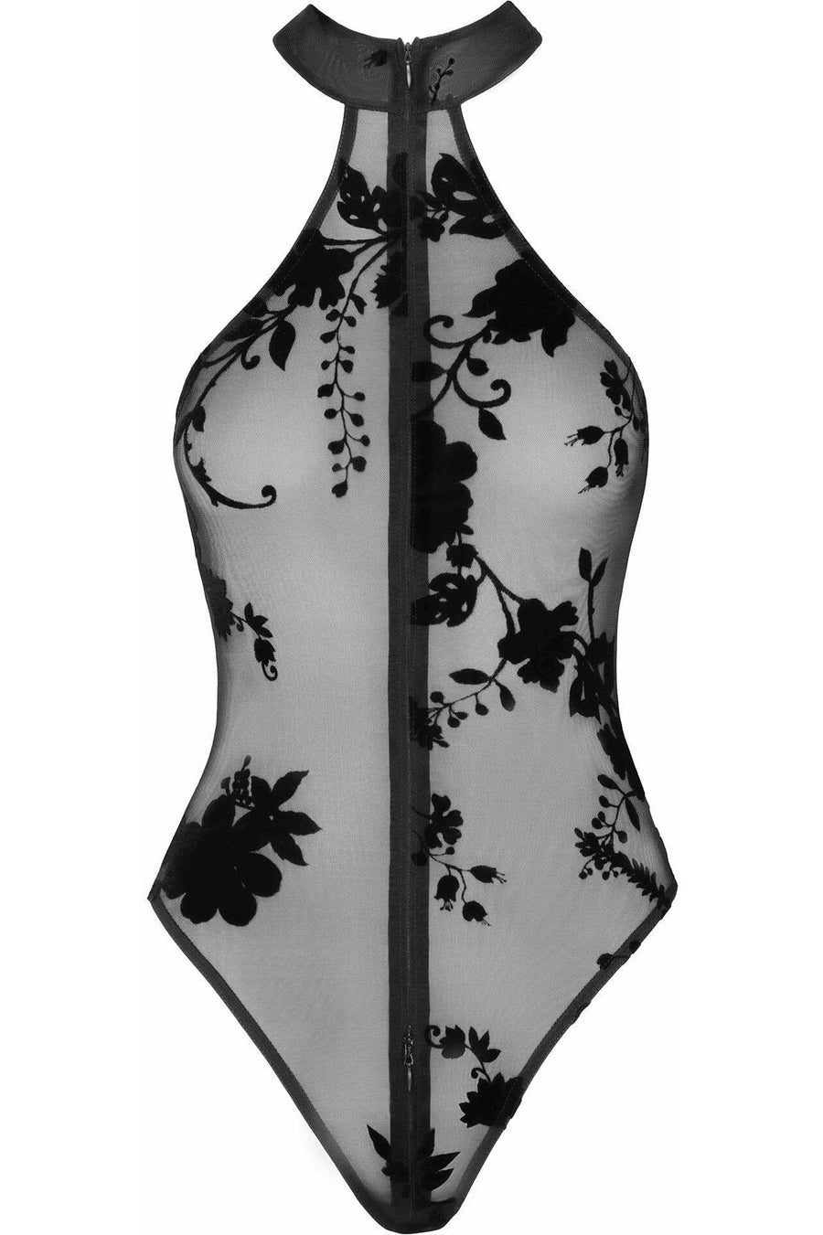 Noir Handmade Ego Flocked Mesh Halter Bodysuit in Black 