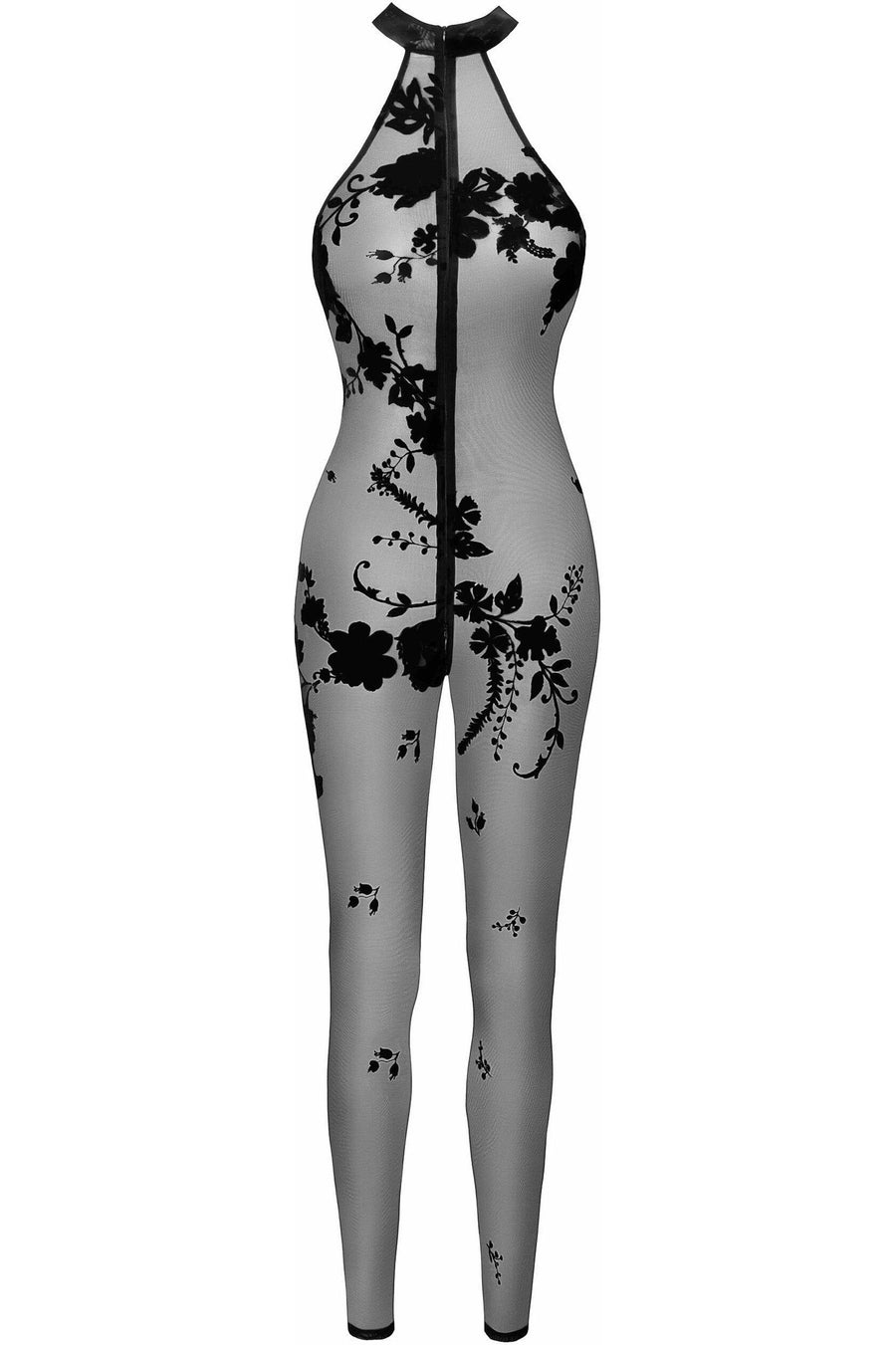 Noir Handmade Ego Flocked Mesh Halter Catsuit in Black 
