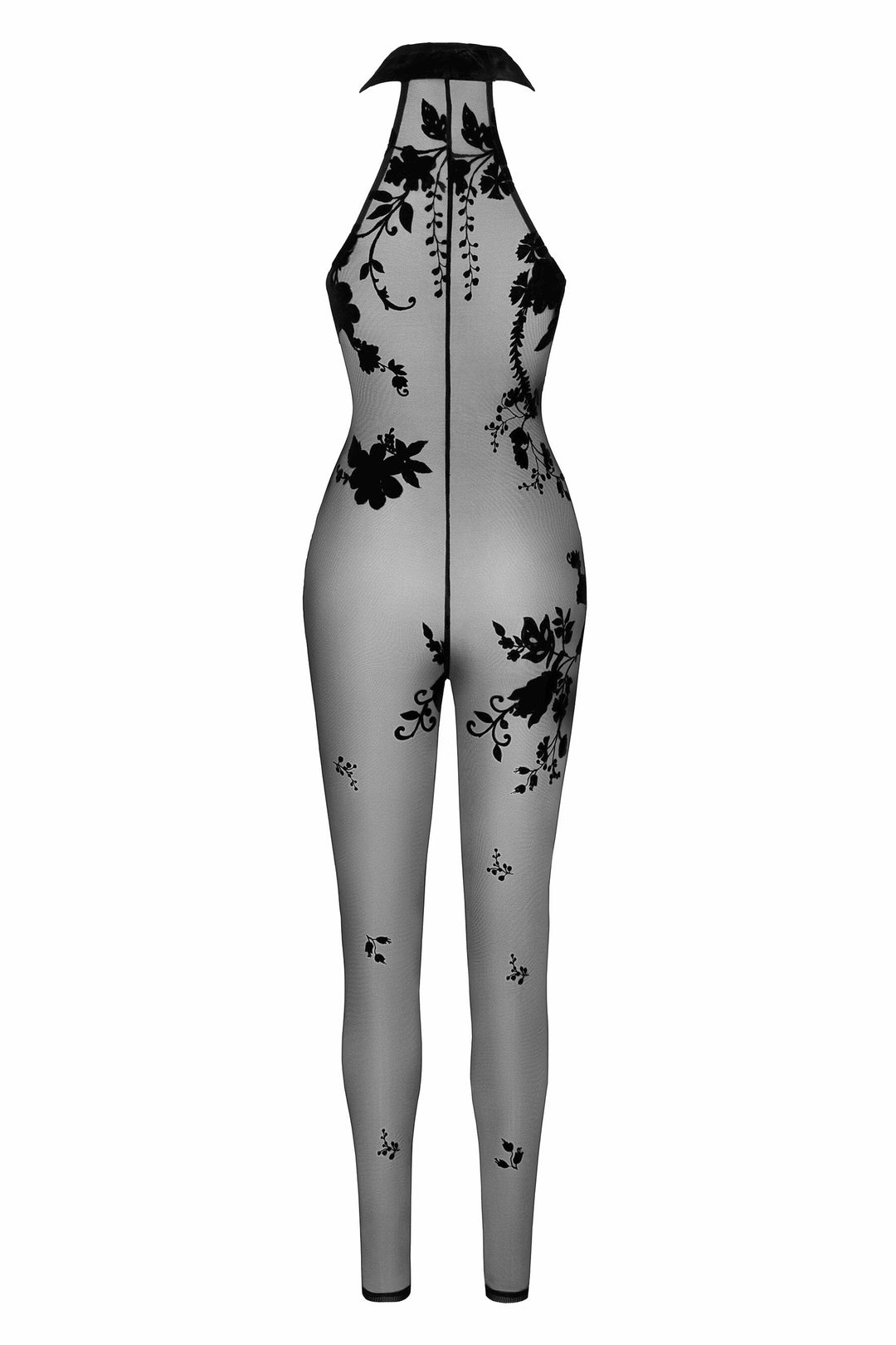 Noir Handmade Ego Flocked Mesh Halter Catsuit in Black 