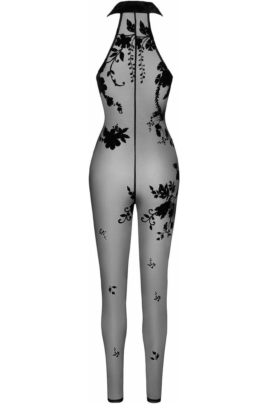 Noir Handmade Ego Flocked Mesh Halter Catsuit in Black 