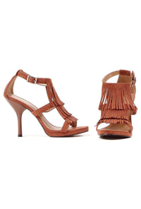 Ellie Shoes Ellie 417 SIOUX 4" Heel Sandal With Fringe in Brown Faux Suede