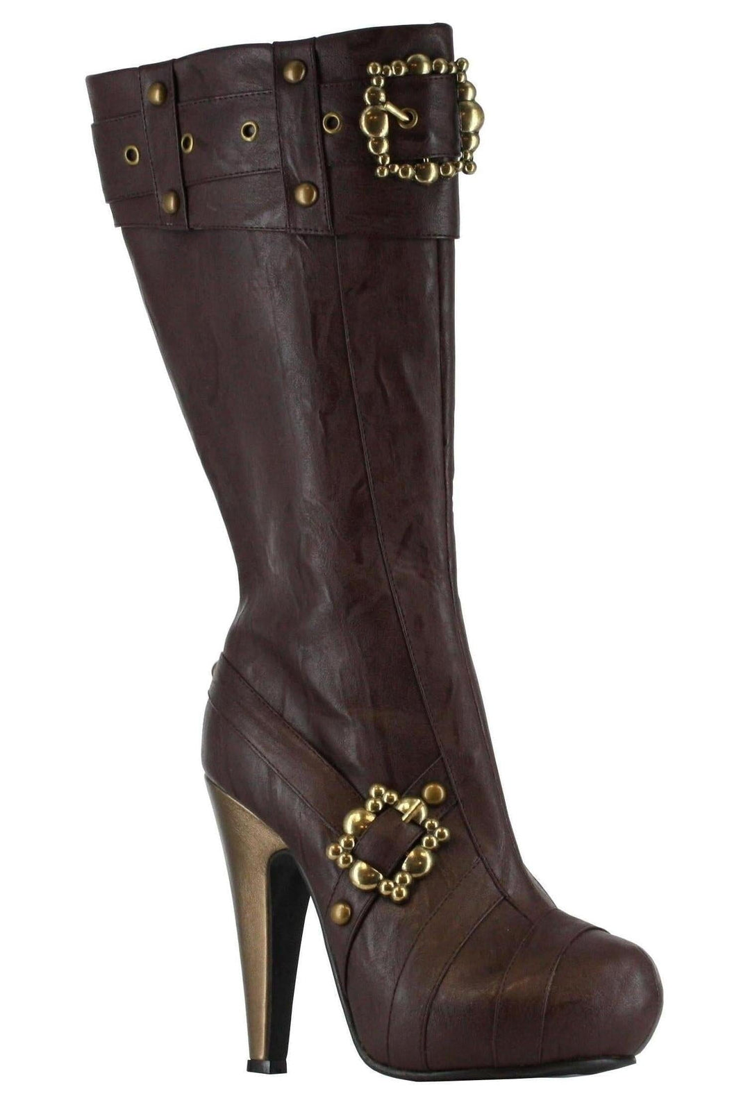 Ellie Shoes Ellie 426 AUBREY 4" Knee High Steampunk Boot With Buckles And Studs in Brown Faux Leather from SexyShoes.com