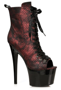 Ellie Shoes Ellie 709 ADDER 7" Lace Up Bootie With Metallic Snake Print in Red Faux Leather from SexyShoes.com