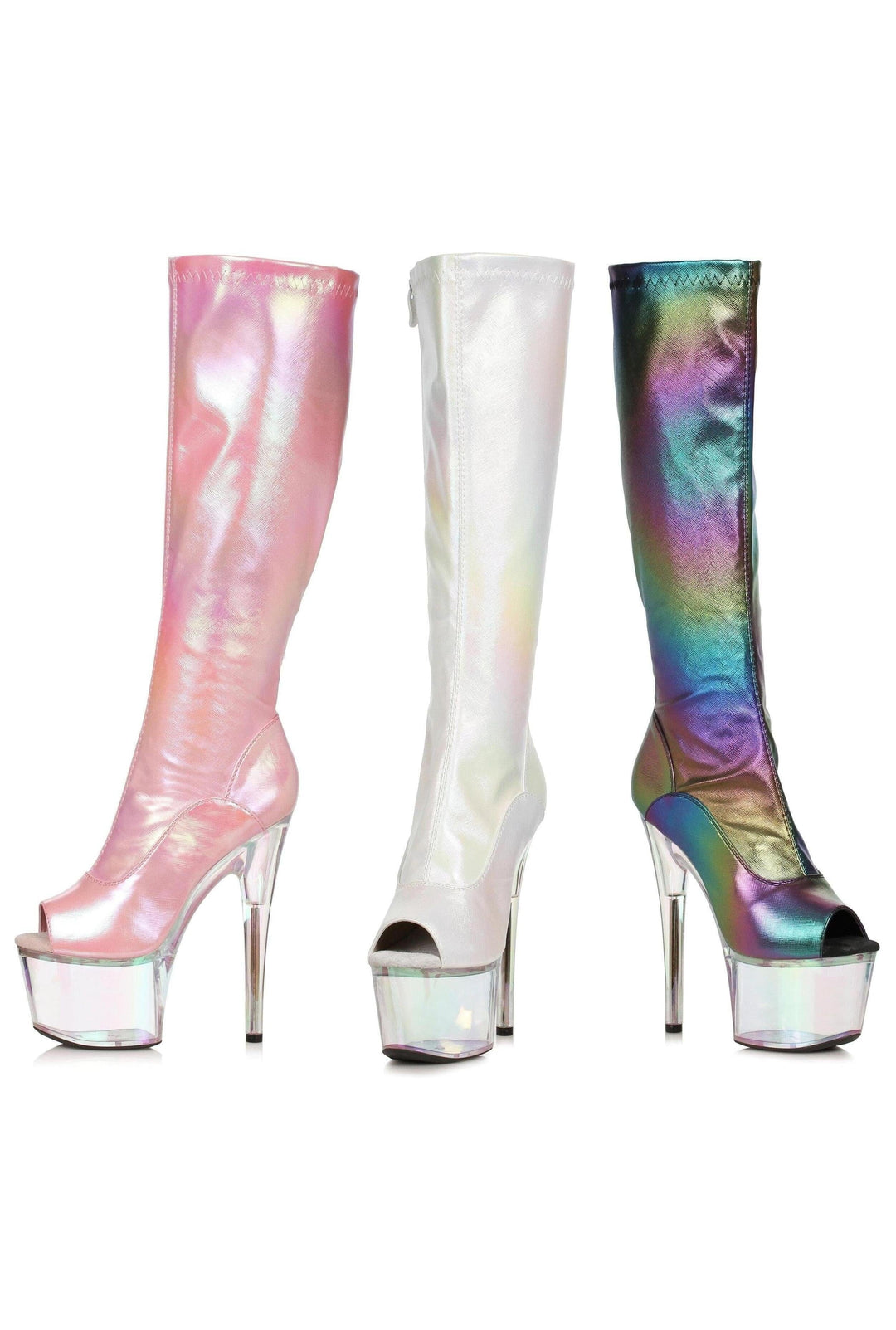 Ellie Shoes Ellie 709 BRANDY 7" Iridescent Knee High Boot With Rainbow Tinted Platform in White Faux Leather from SexyShoes.com