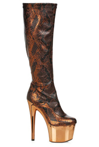 Ellie Shoes Ellie 709 VENOM 7" Snake Print Knee Boot in Brown Faux Leather from SexyShoes.com