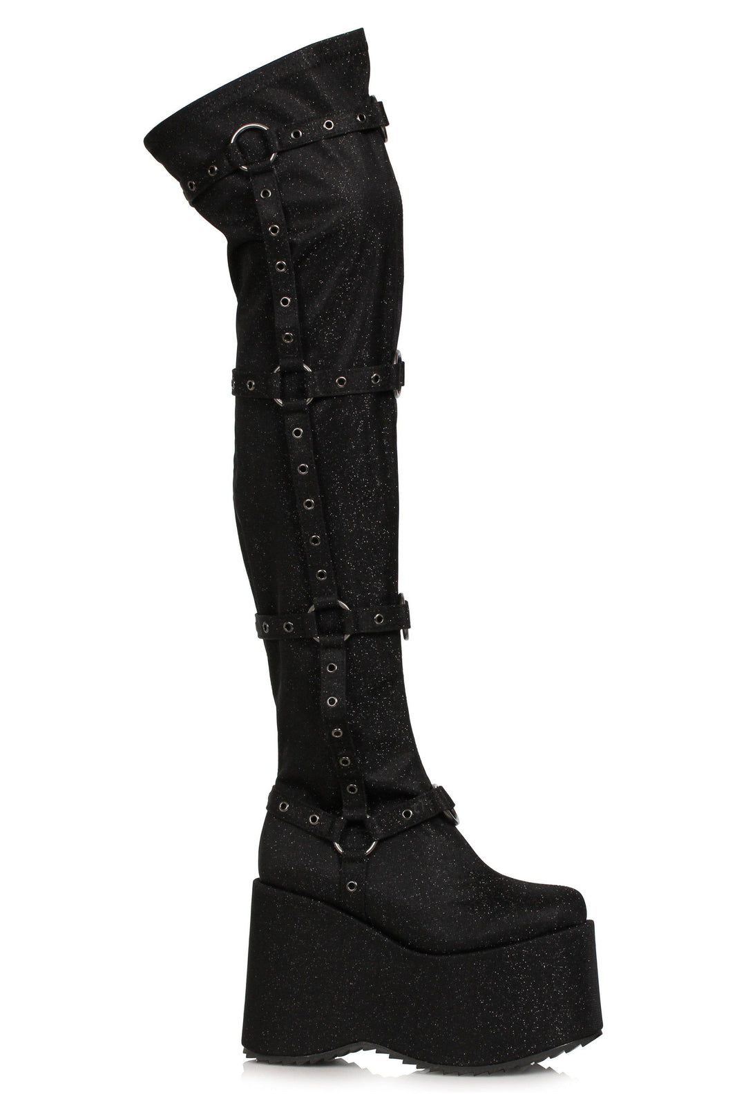 Ellie Shoes Ellie Shoes 500 FUMIKO Chunky Heel Platform Thigh High Boot with Buckles in Black Faux Leather from SexyShoes.com
