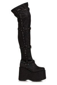 Ellie Shoes Ellie Shoes 500 FUMIKO Chunky Heel Platform Thigh High Boot with Buckles in Black Faux Leather from SexyShoes.com